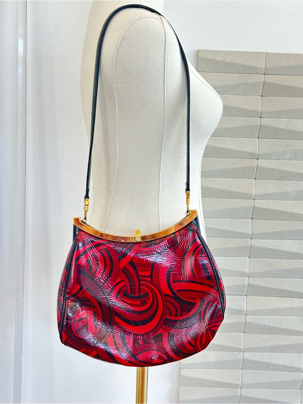 Gianni Versace Vintage Red and Black Swirl Patent Leather Shoulder Clutch - RARE